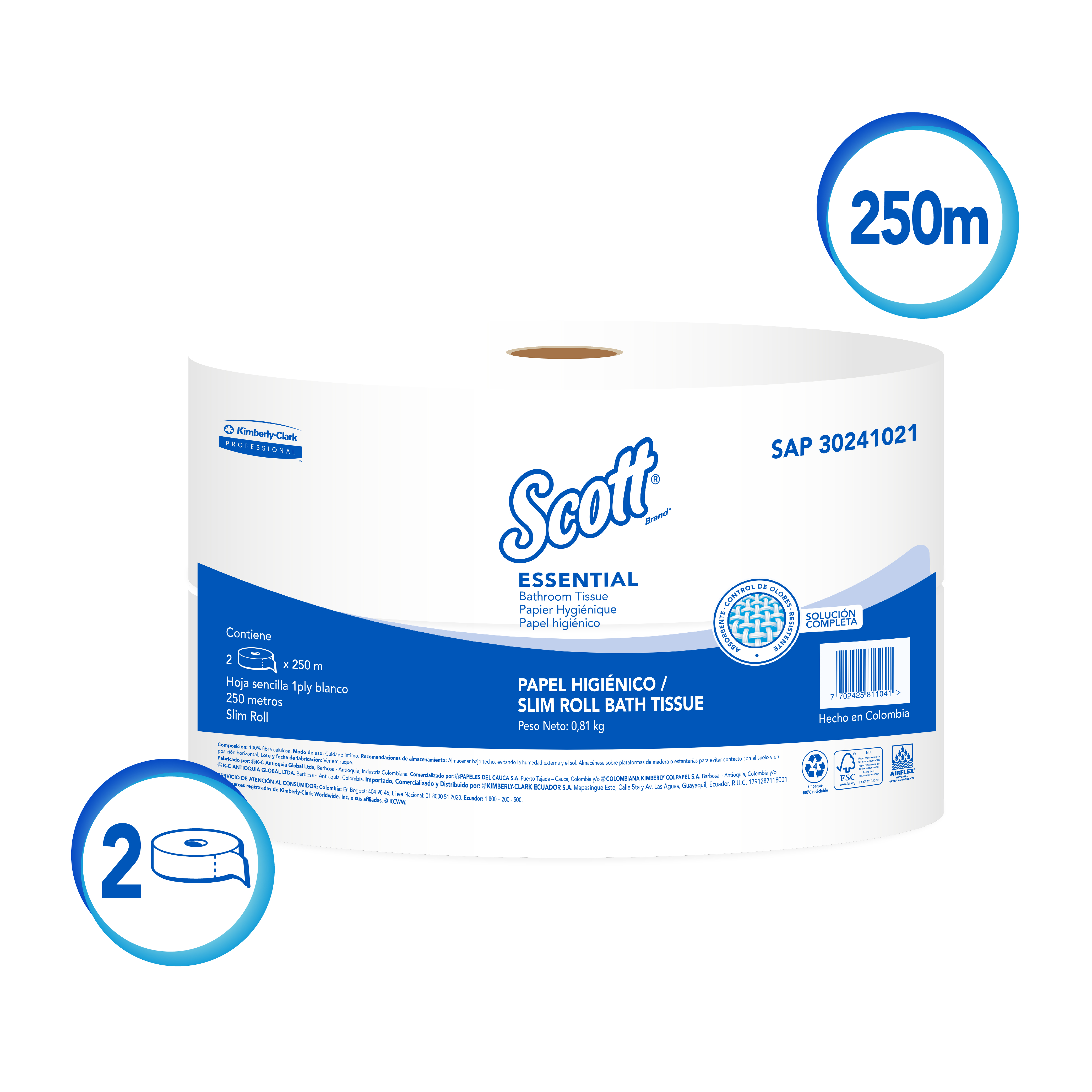 Papel Higiénico Jumbo  SCOTT® ESSENTIAL 1x4 1 Hoja  250mts (2x2) SKU 30241021  (Control de Olores)